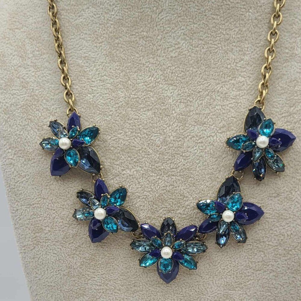 J Crew Blue Crystal Faux Pearl Gold Tone Statement Necklace